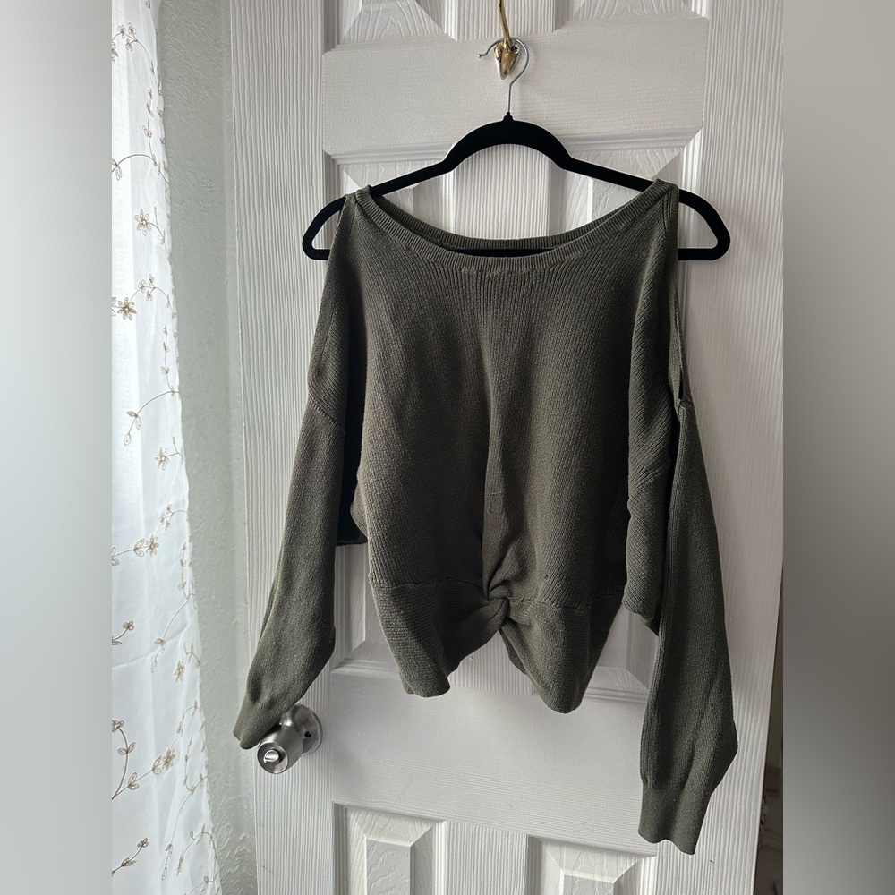 EXPRESS Forest Green Knit cropped top open shoulder and front knot